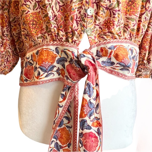 Rachel Zoe Cropped Boho V-front Tie-Front Floral Linen Top Orange & Purp… - Picture 4 of 11